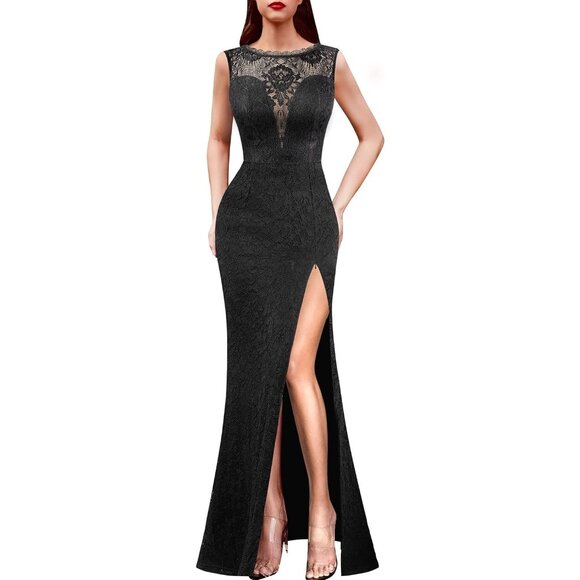Women Black Sexy Deep V Sweetheart Neckline Lace Formal Maxi Dress Long Gown